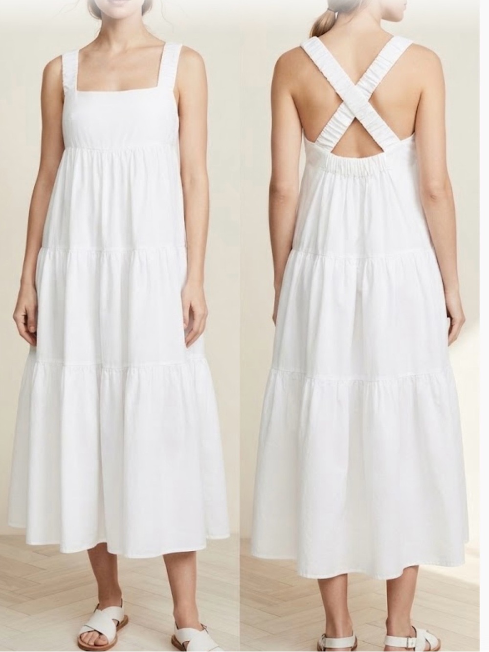 Hunter & Brown. White Tiered Sleeveless Midi Dress with Crossback Straps. Size L